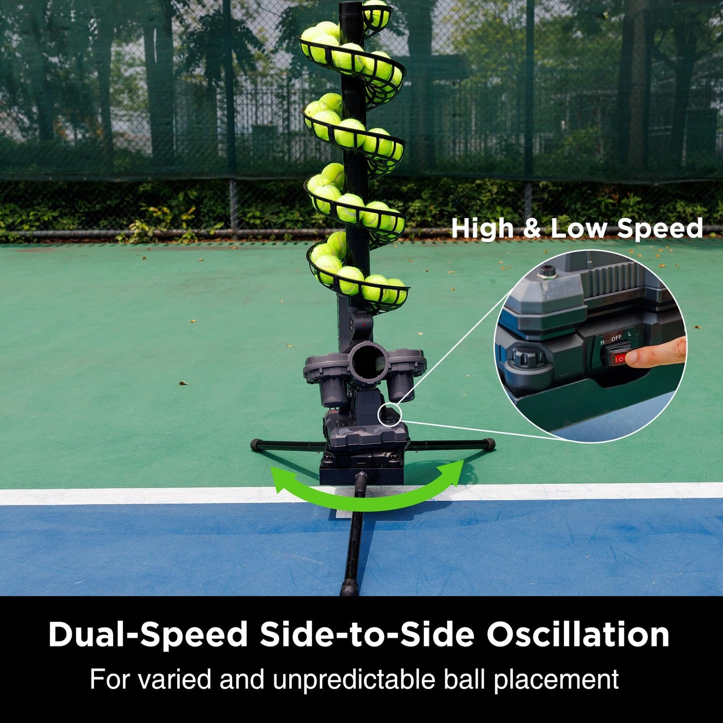 Furlihong 3807BH Tennis Ball Machine with Triangular Base, Adjustable Speeds, Oscillating Left&Right, Up&Down Swing Launch Port, for All Levels Training