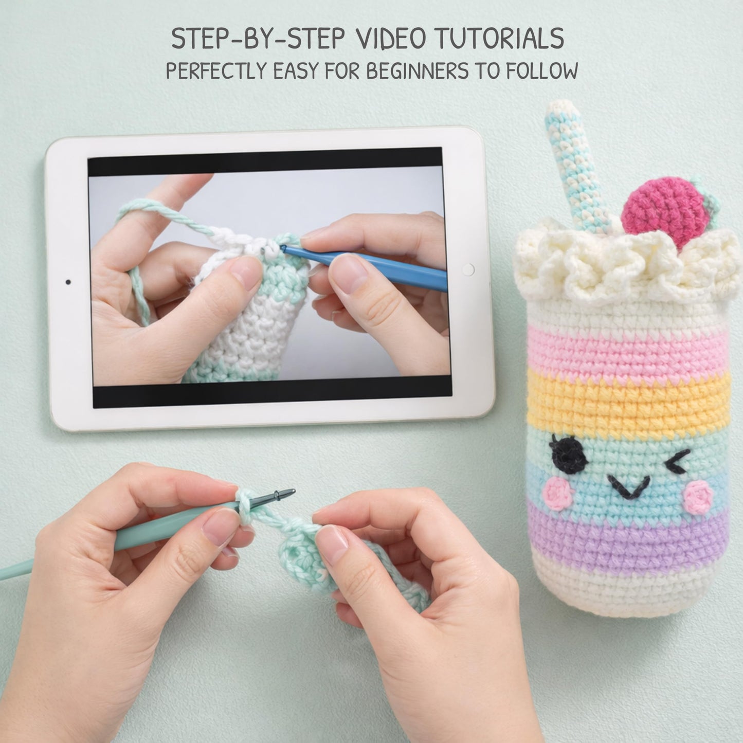 HOUSE CREATIVITY Beginner Crochet Kit for Adults, Beginners Crocheting Knitting Kit with Yarn Sets, Step-by-Step Video Tutorials,Animal Craft Kit, Holiday Birthday Gifts(Cup with Straw)