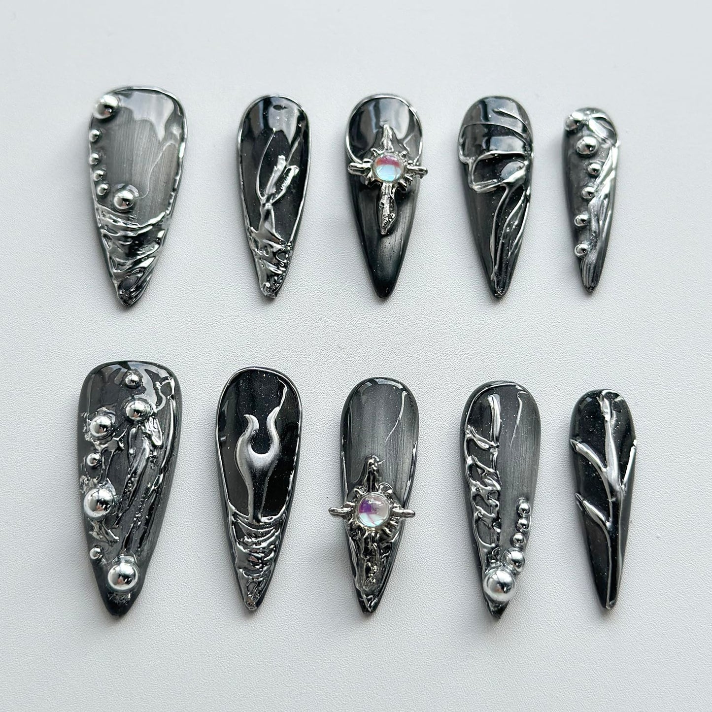 Luxury Press on Nails Long Almond Handmade 3D Unique Reusable ABS Material Fake French Tip Gothic False Nails with Designs Silver Curve Line Black&Gray Glue on Nails Thick Acrylic Nails(M)