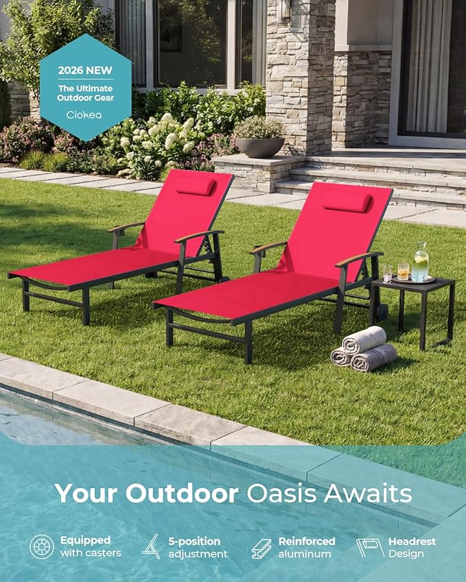 Ciokea Outdoor Lounge Chair with Pillow Set of 4, 5-Position Chaise Lounge with Wheels & Armrests, 400 lbs Heavy Duty Aluminum Pool Lounge Chairs, for Beach, Deck, Poolside & Backyard, Red
