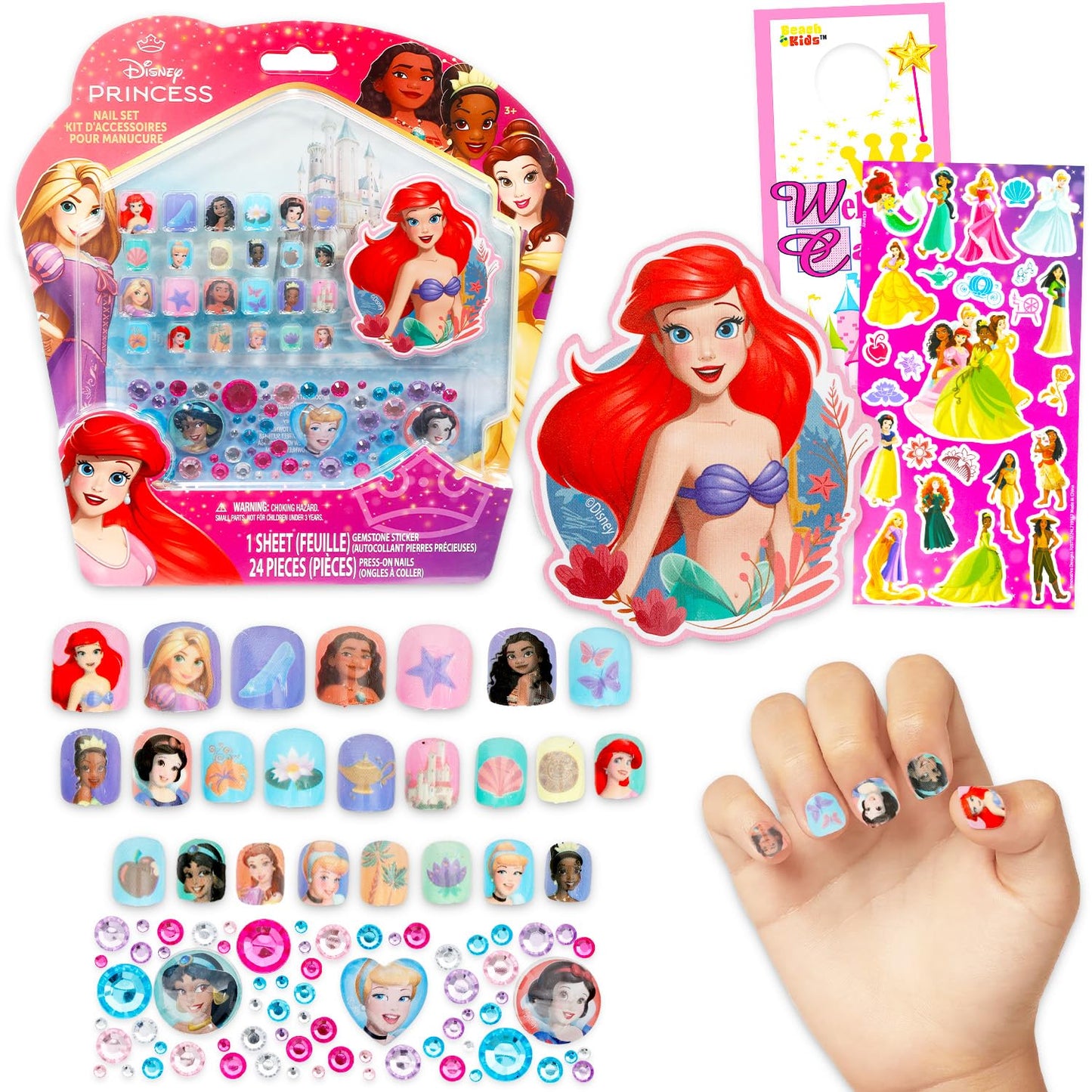 Disney Princess Press-On Nails Manicure Set for Kids - Bundle with 24 Stick-On Nails, Rhinestones, Gemstone Nail Stickers, More | Disney Princess Manicure Kit for Girls