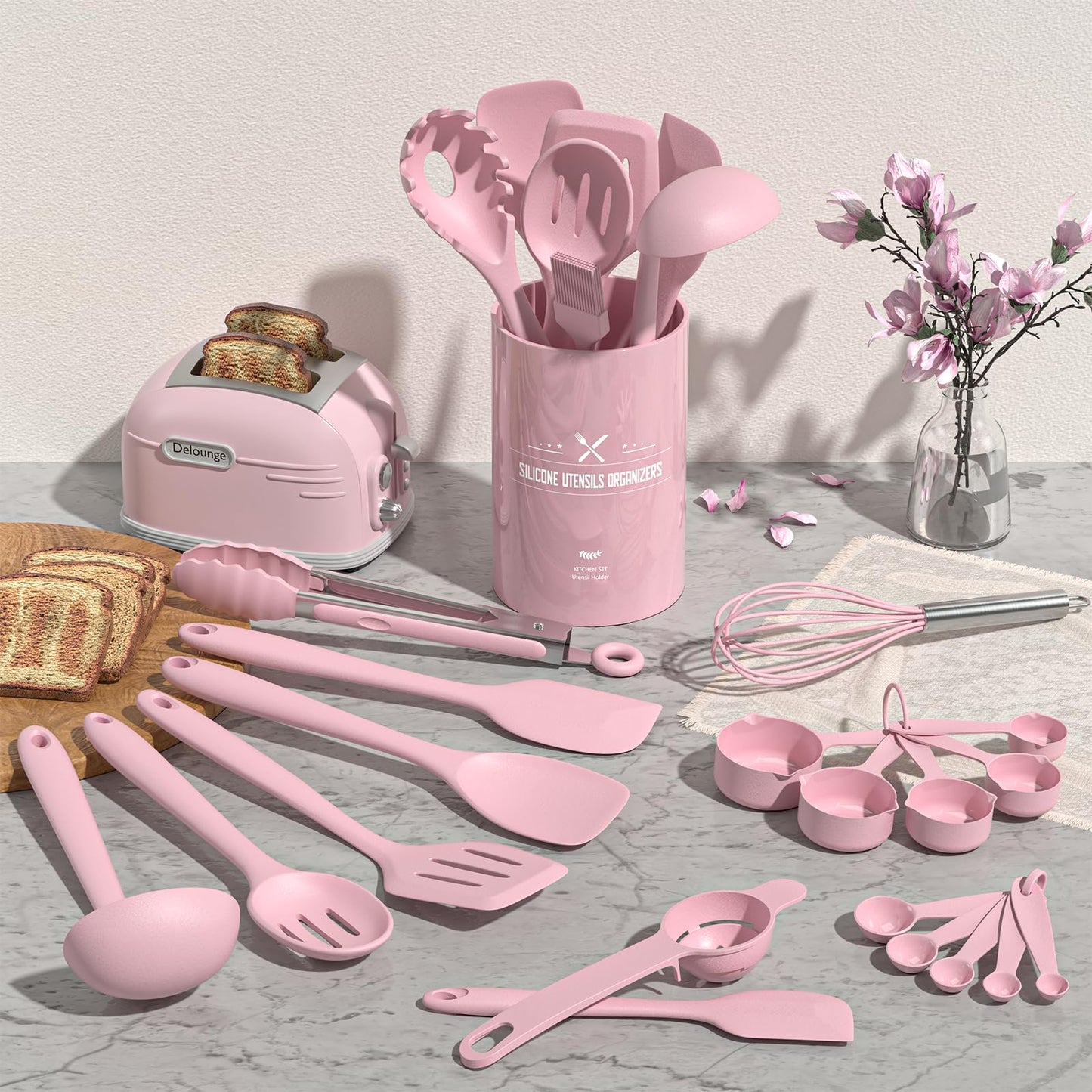 Umite Chef 22-Piece Silicone Cooking Utensils Set, Heat Resistant & Dishwasher Safe Kitchen Tools, Non-Scratch Spatula Set for Nonstick Cookware (Pink)