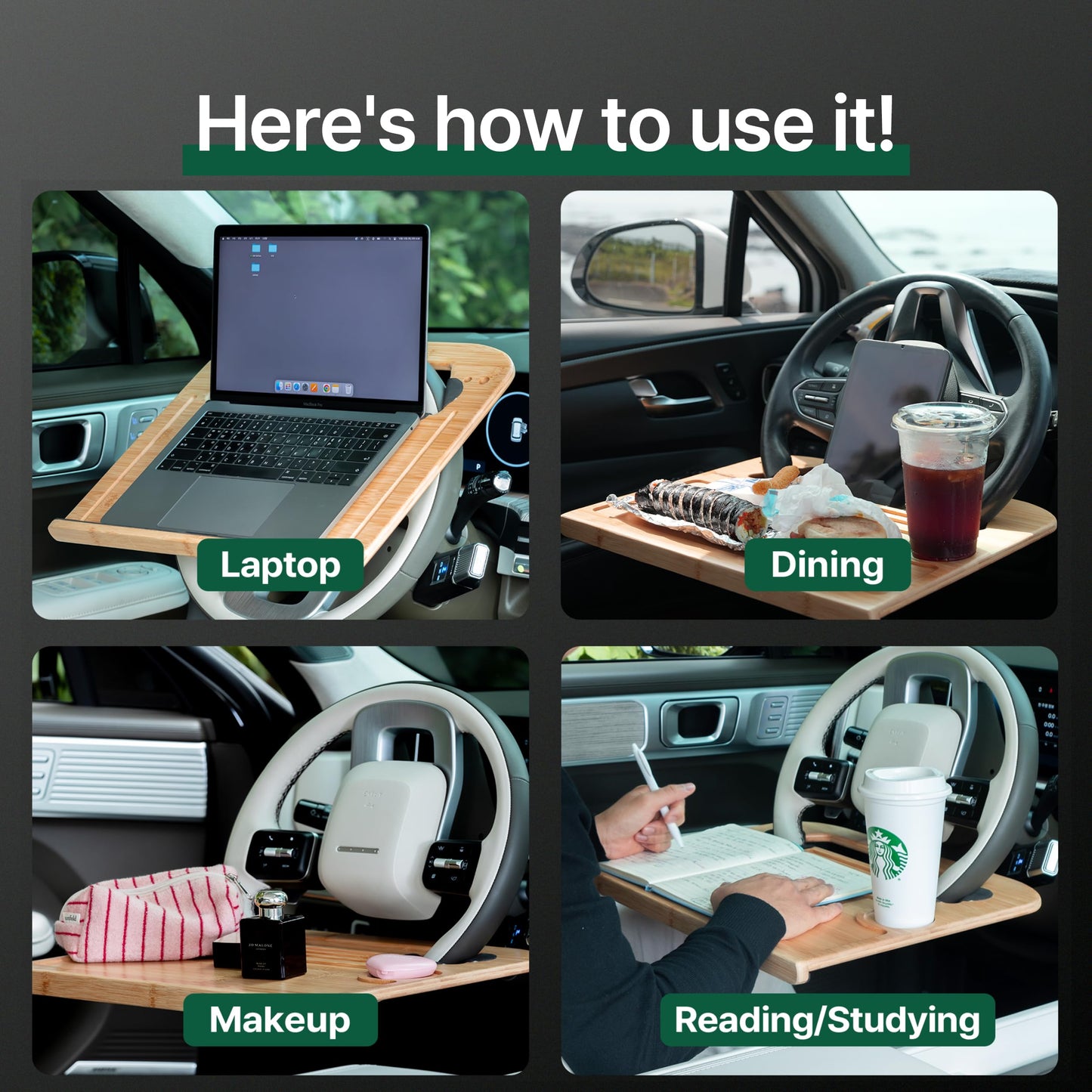 SPINIFLY 2 in 1 Steering Wheel Tray – Car Tray & Food Table – Car Essentials Double Sided Bamboo Car Desk for Laptop, Eating & Reading – Fits up to 17" Laptop