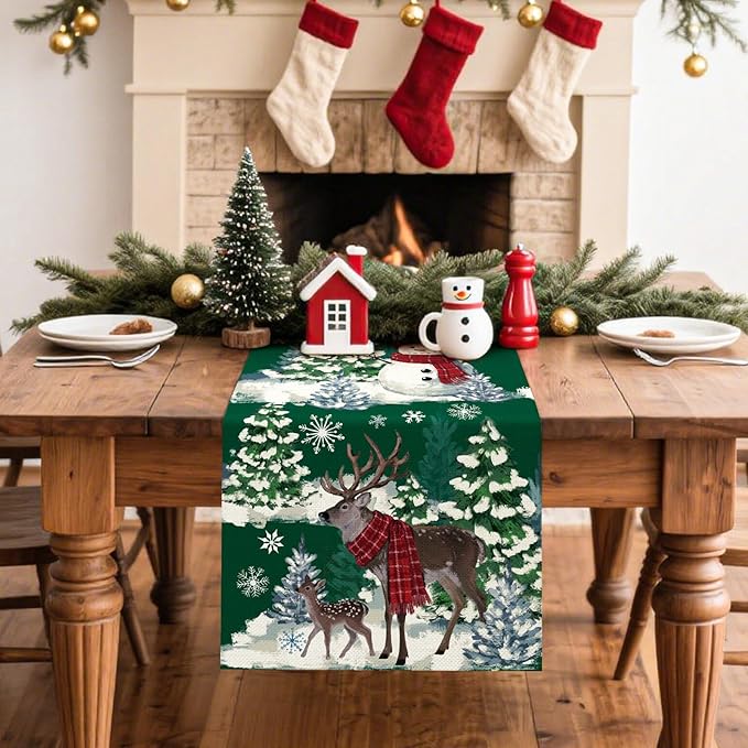 Artscope Reindeer Snowman Christmas Tree Table Runner, Xmas Winter Snowflakes Holiday Kitchen Dining Table Decoration for Christmas Home Party Decor 13x90 Inch-Green