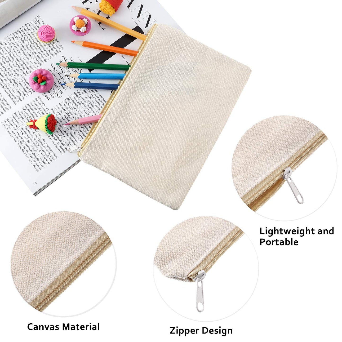 meekoo 16 Pack Blank Canvas Pouch Zipper Cosmetic Bag Bulk Plain Makeup Pouch Purse Sublimation DIY Craft Multipurpose Travel Toiletry Bag for Makeup Cosmetic Stationary Storage(S,Beige)