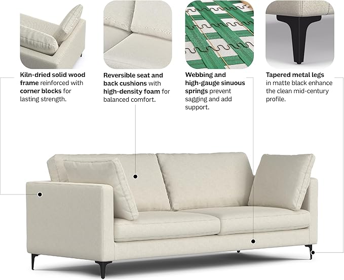 SIMPLIHOME Ava Sofa in 100% Recycled Polyester Tightly Woven Performance Fabric, Cream, 90-inches Wide, Handcrafted Mid-Century Modern Style Sofa for Living Room or Couch for Family Room