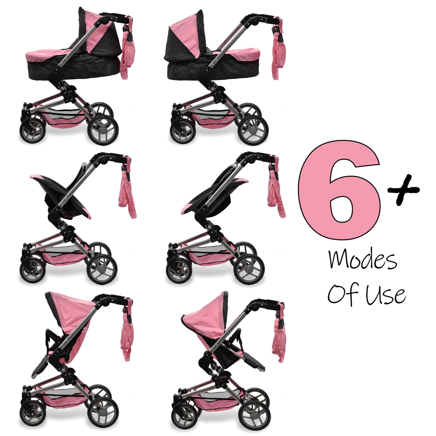 Baby Doll Convertible Stroller 3 in 1 Bassinet and Rear Facing Seat Buggy Foldable Toy Pram for Girls Toddlers Kids Swiveling Wheels Travel System Carriage Combo
