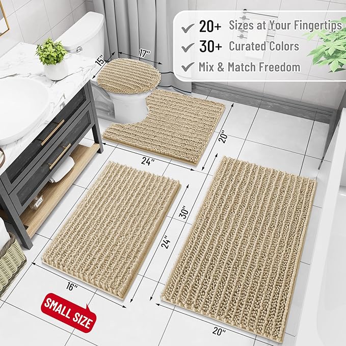 Arotive Luxury Chenille Bathroom Rug Mat, Extra Soft Thick Absorbent Shaggy Bath Rugs, Non-Slip Machine Wash Dry, Plush Bath Mats for Bathroom, Shower and Tub, 47x32, Beige