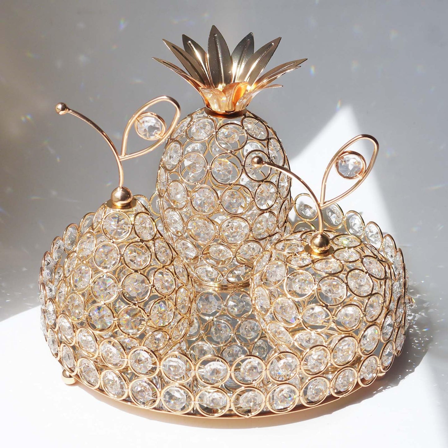 Elegant Decorative Trays & Crystal Fruit 4pcs Set, Crystal Tea Light Holder - Wedding Centerpieces for Holidays, Home Table Decorations, Fruit Displays and Candle Holders (Gold, Round Set of Four)