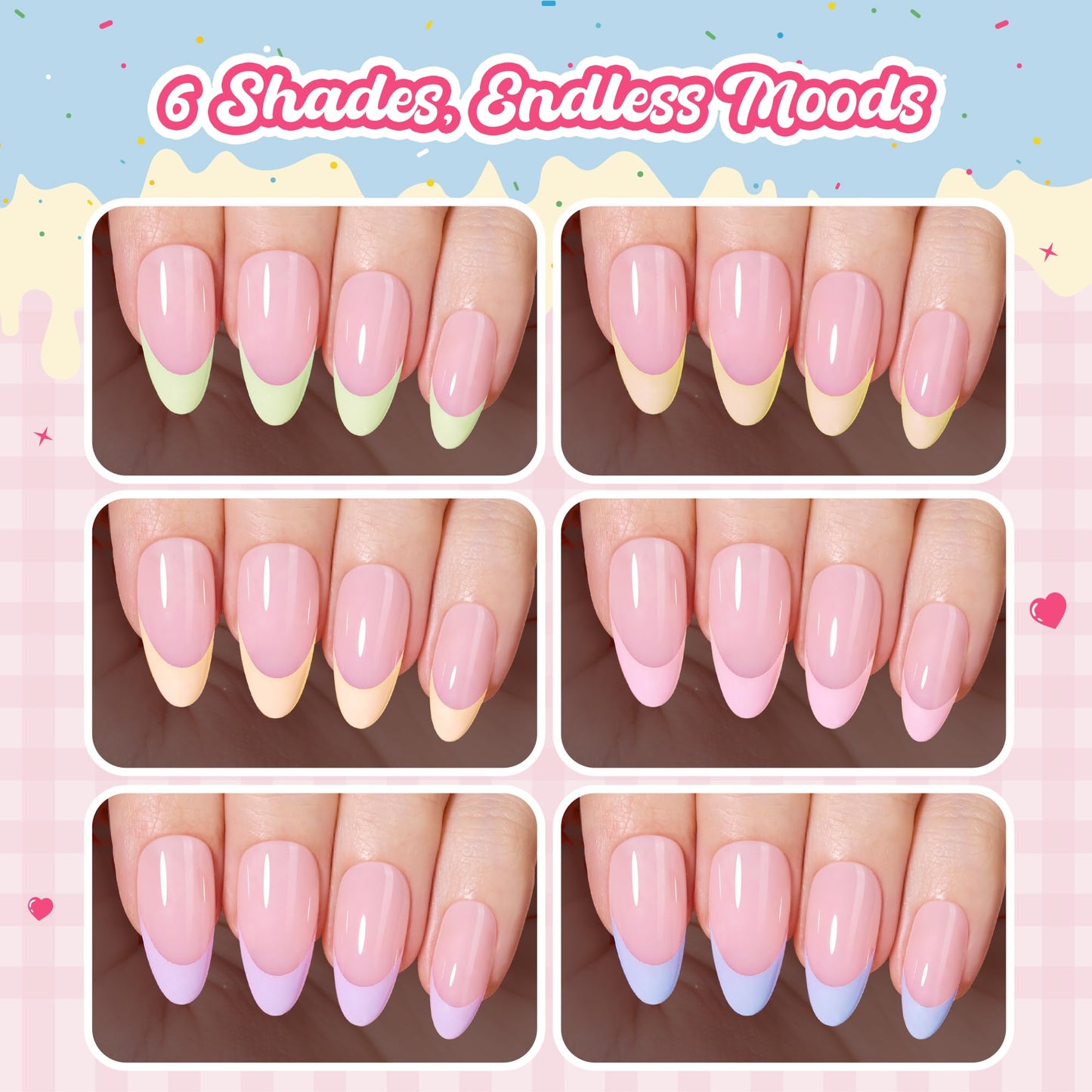Beetles French Tips Press On Nails - Pastel Spring Medium Almond 6 Colors 192 Pcs with Summer Press On Nails 224 Pcs 7 Colors French Tip Medium Almond