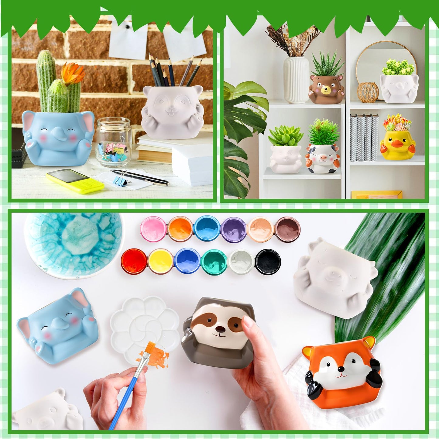 Chuangdi 12 Sets Ceramics to Paint 6 Style DIY Ceramic Succulent Planter Pots Unpainted Bisque Flower Pots Paintable Craft with Drainage Hole, Paints, Brushes, Palettes(Lovely Style)