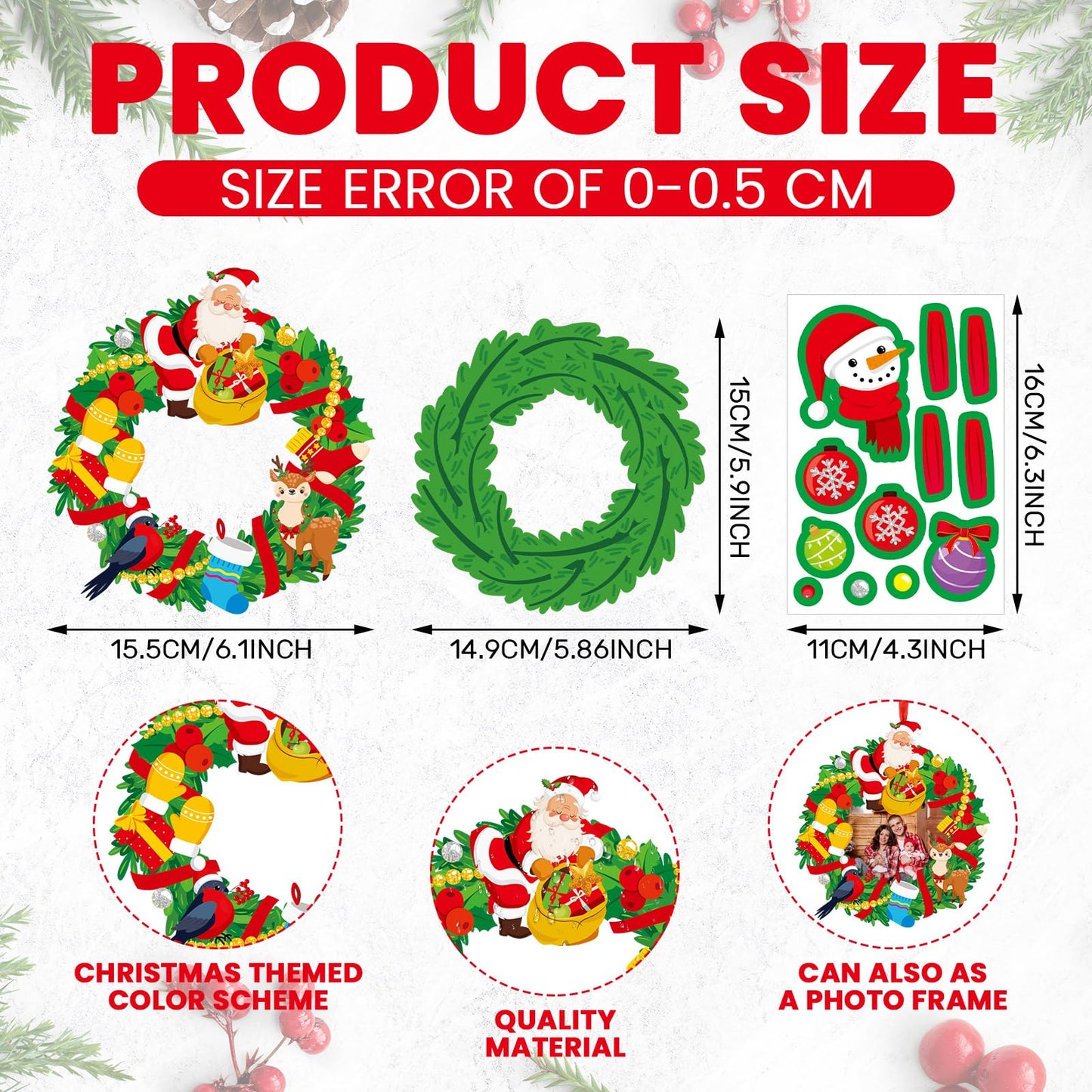 Fullhawl 48 Set Christmas Wreath Craft Kits DIY Christmas Photo Frame Ornament with Assorted Stickers Make You Own Wreath Crafts for Boys Girls Church Favor Home Classroom Xmas Gift