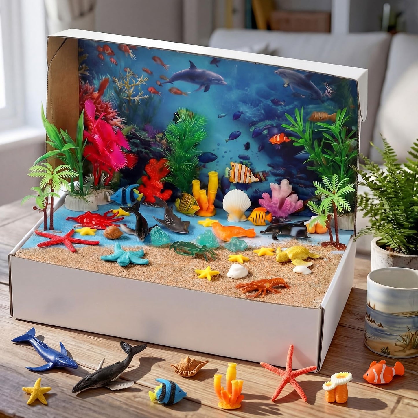 Teyva Daily 60 Pcs Ocean Diorama Kit Habitat Project Box Set 3D Ocean Diorama Supplies Include Under The Sea Animals Figures Artificial Coral Seagrass with Cardboard for DIY Crafts Gifts