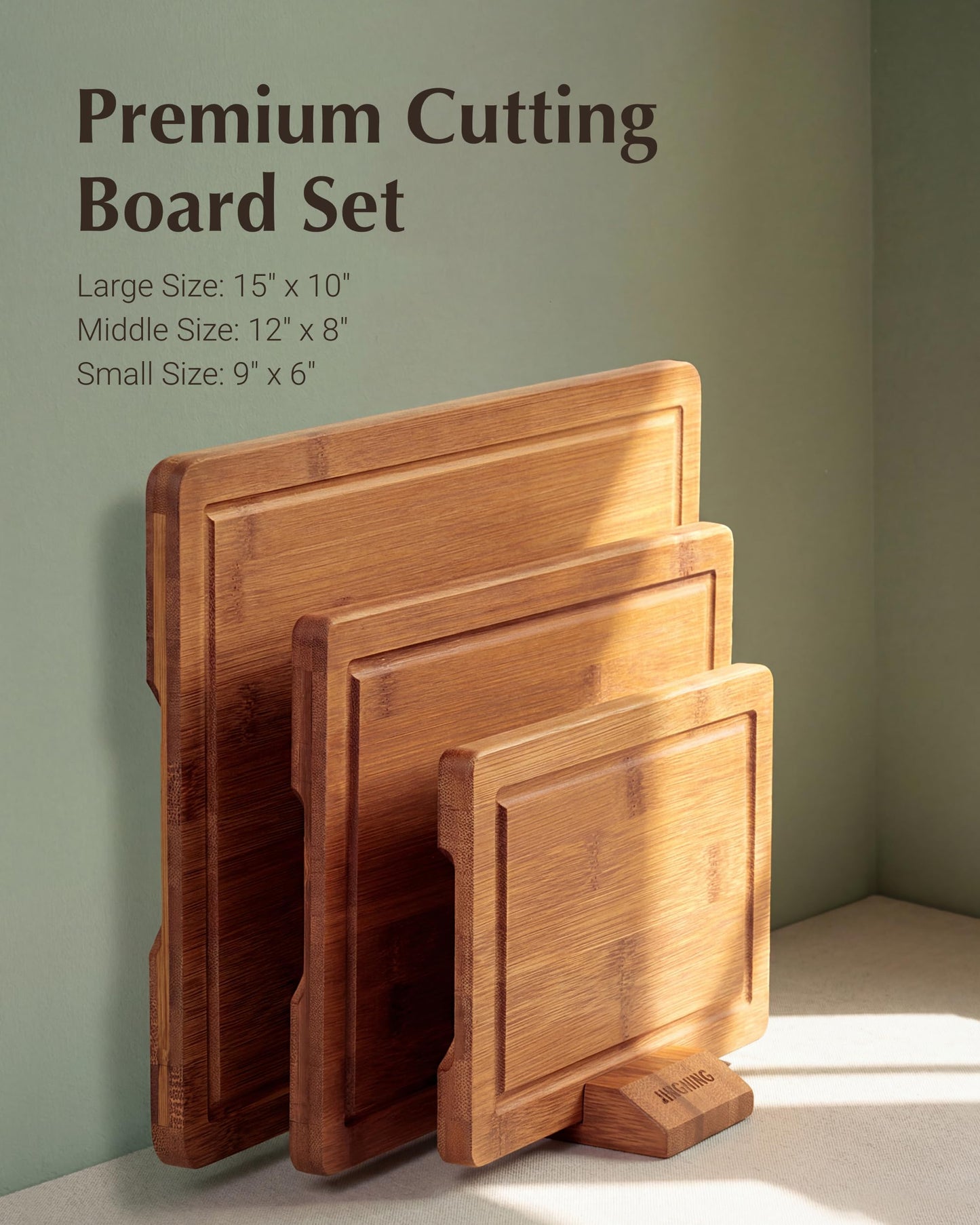 JINGNING Deep-Carbonized Bamboo Cutting Board Set for Kitchen with Wood Storage Stand, Deep Juice Grooves, Easy-Grip Handles & Non-Slip Pads, Premium Kitchen Gift