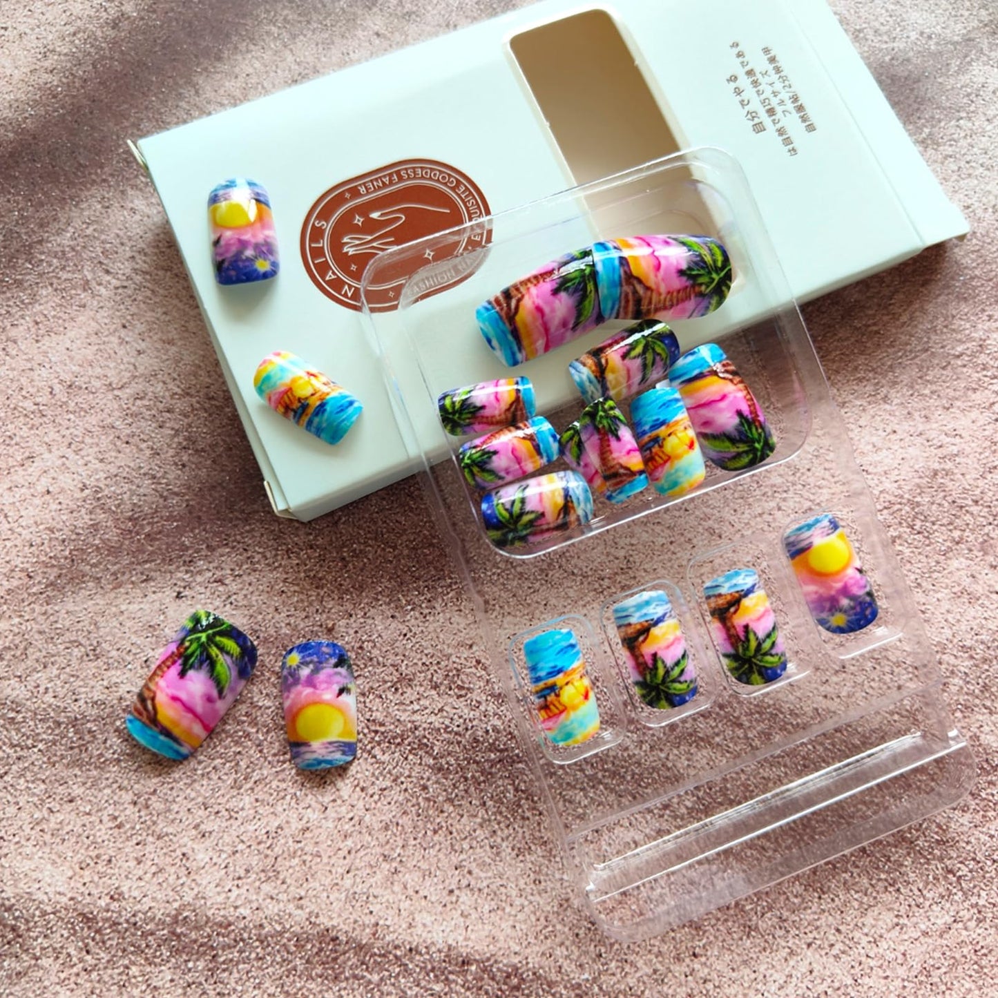 24Pcs Summer Press on Nails Sea Waves & Sunset Design Fake Nails Coconut Tree False Nails Short Square Glue on Nails Acrylic Full Cover Stick on Nails for Women Summer Beach Manicure