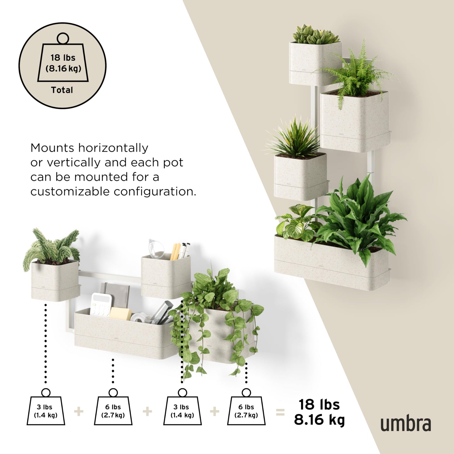 Umbra Cubiko Wall-Mount Planter with Four Adjustable Pots, Suitable for Indoor or Outdoor Use, Sand