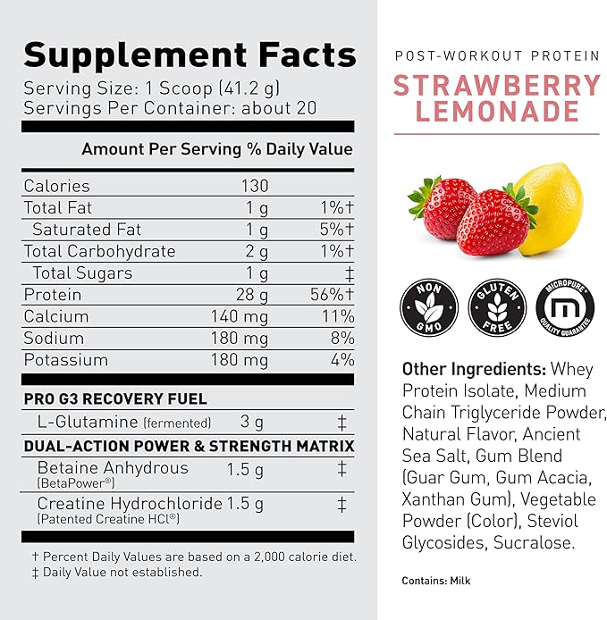Kaged Post Workout Protein Powder | Re-Kaged | 28g Whey Protein with Creatine, Glutamine & Betaine for Muscle Growth & Recovery | Low Sugar | 20 Servings | Strawberry Lemonade