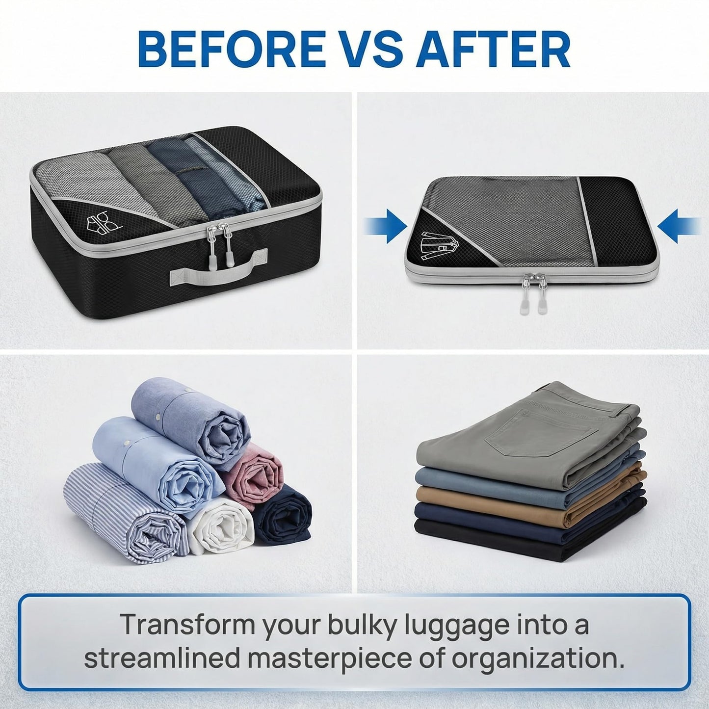 6Pcs Compression Packing Cubes Set, Waterproof Travel Luggage Organizer with Drawstring Bag, Lightweight Nylon Suitcase Storage Bags for Travel Camping Business Trip