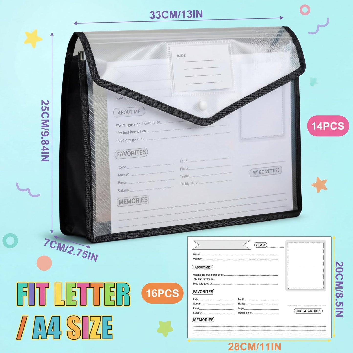 Motipuns 14 Pack K-12 School Memory Box End of The Year Large Capacity with 16 Memory Questionnaires School Year Organizer Keepsake Scrapbook from Pre to 12th Grade File Picture Folder (Black)