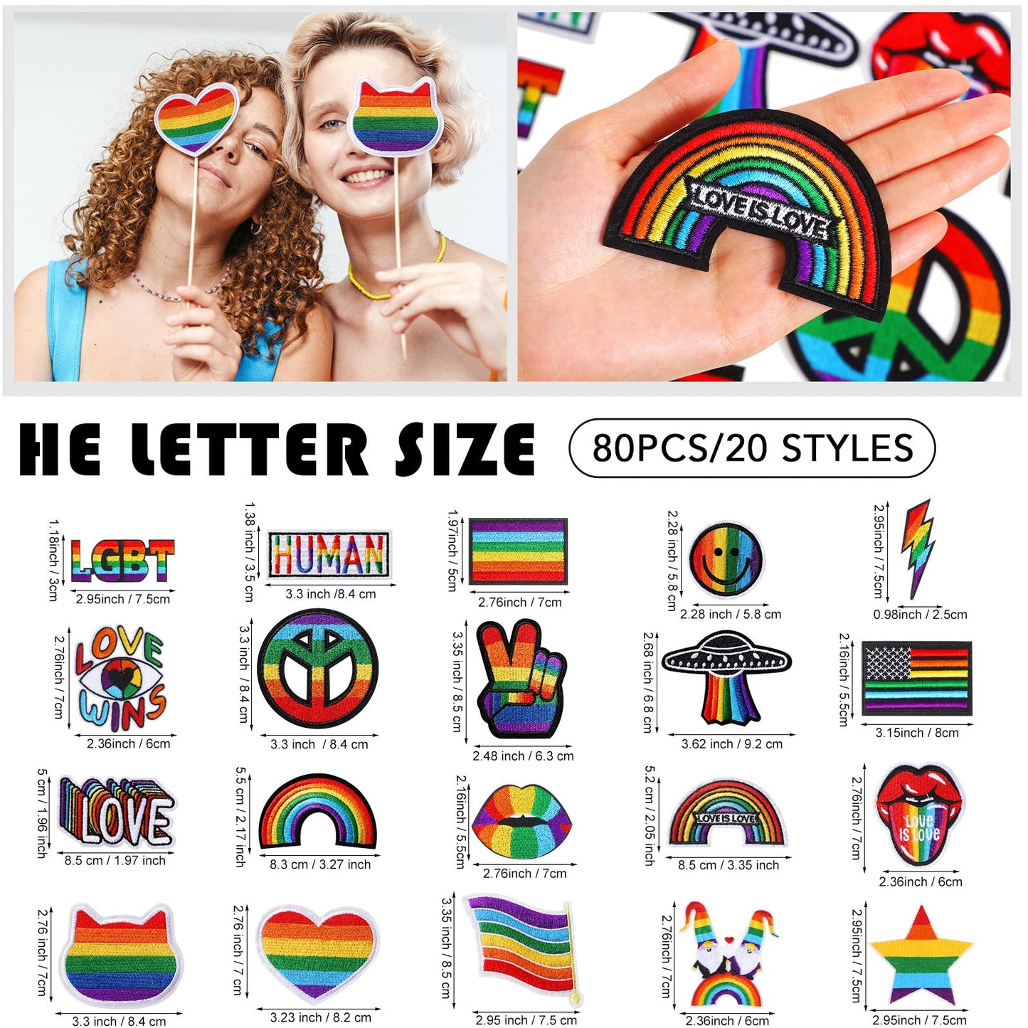 Yinder 80 Pcs Rainbow Pride Patch, LGBT Patch, Embroidered, Heart Flag, Smile, Rainbow Assorted Sewing Applique for Pride Party Favor Supplies, 20 Styles