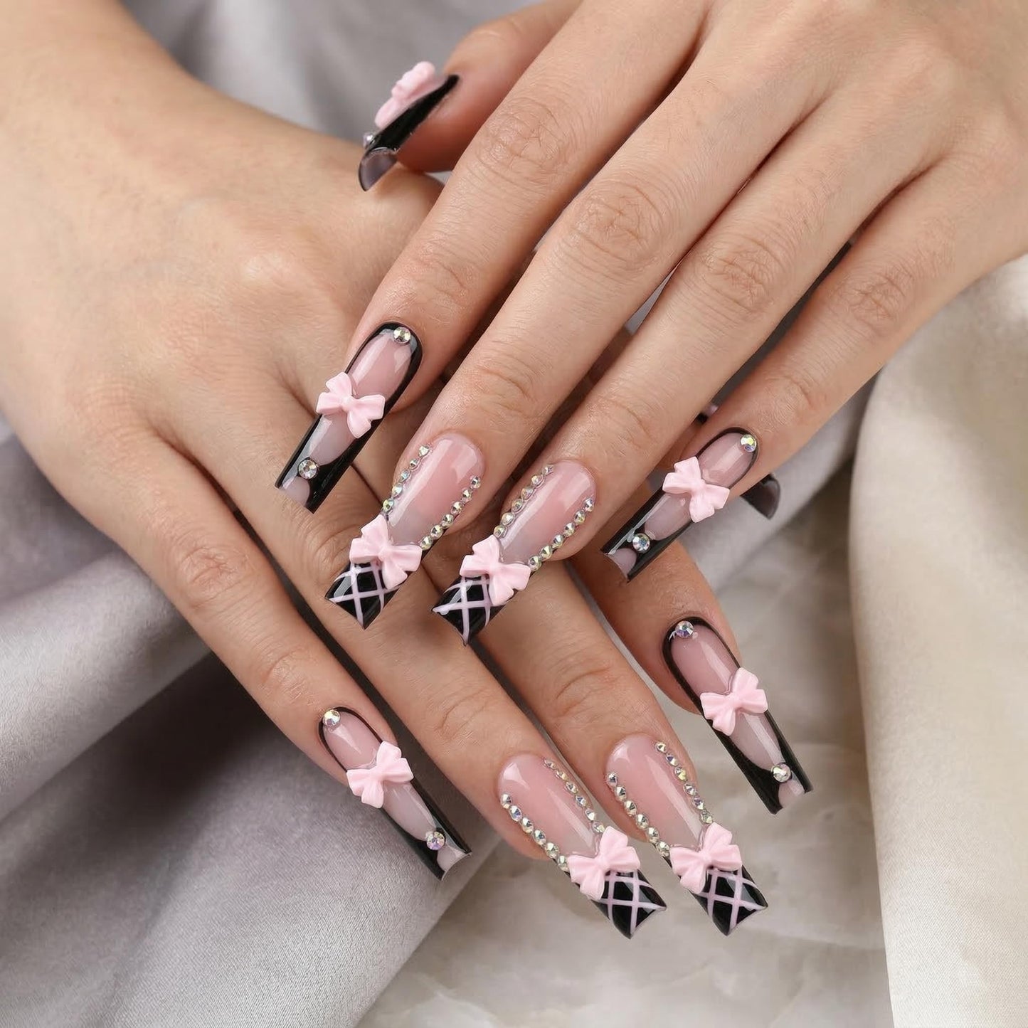 Long Press on Nails Square Fake Nails Black Acrylic Nail Press ons Seeneey Pink Bow Designs Sparkly Rhinestones Stick on Nail for Women 24pcs
