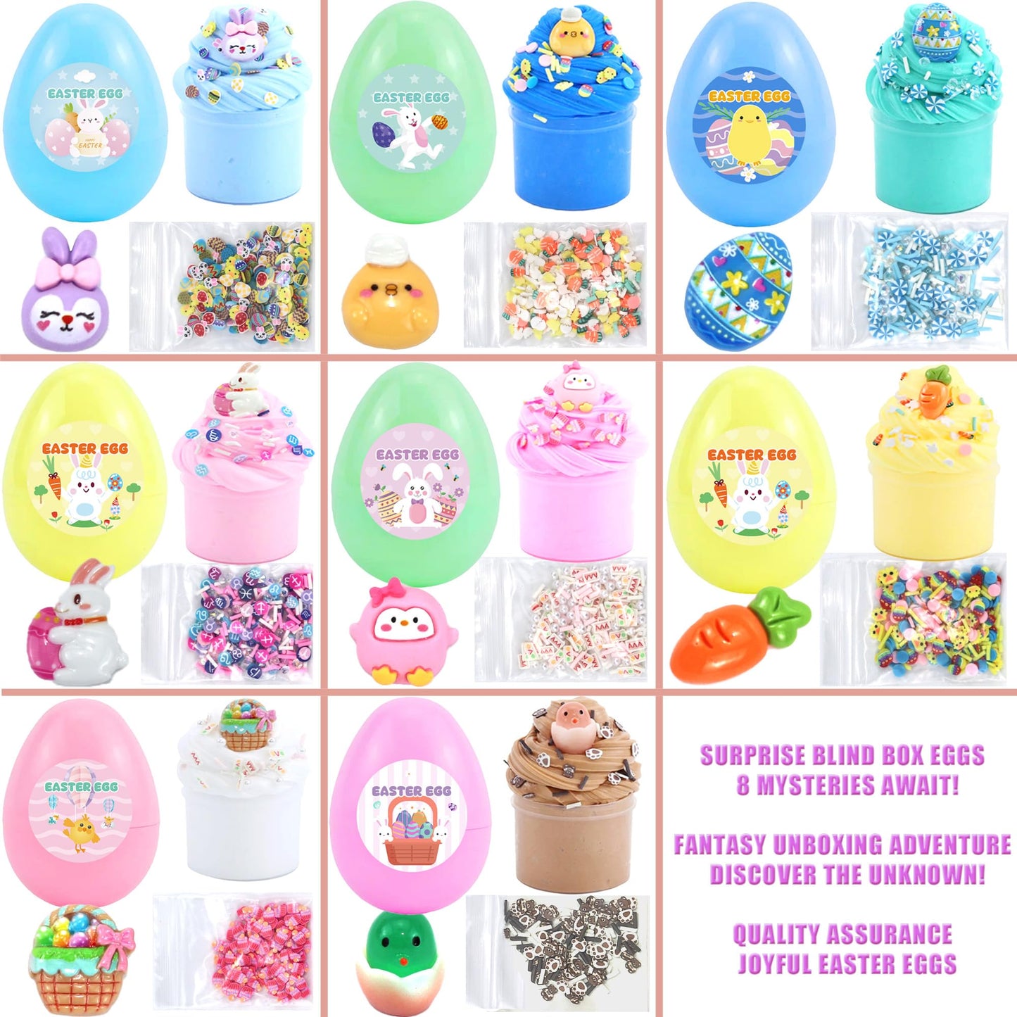 KUALUDJIT 8Pack Butter Slime kit for Kids,Easter Basket Stuffers Party Favors Stretchy and Non-Sticky, Sensory Play Kit and Easter Basket Fillers Slime and Charms - Prefilled Eggs