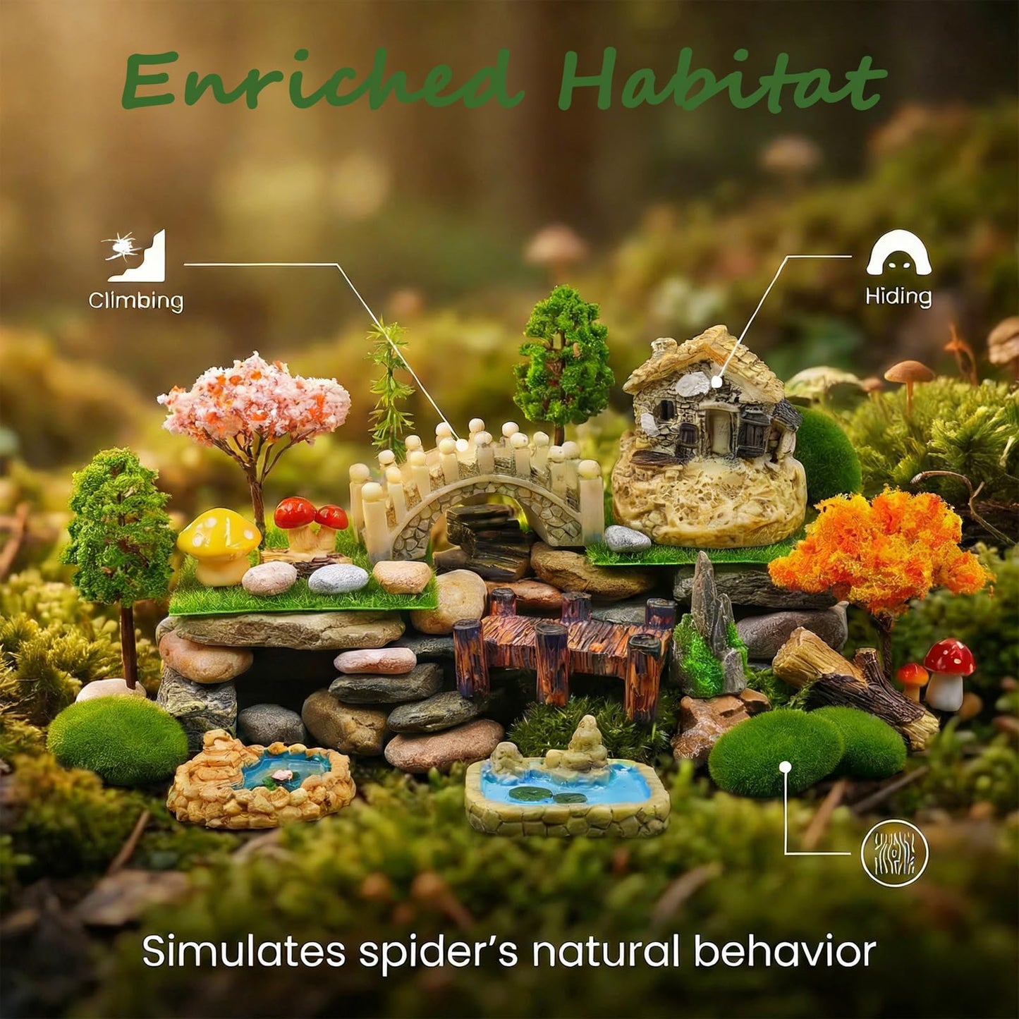 Crehaison 41 Pcs Jumping Spider Enclosure Decor Kit - Miniature Resin Animals & Landscape Figurines for Habitat, Mini Fairy Garden Accessories