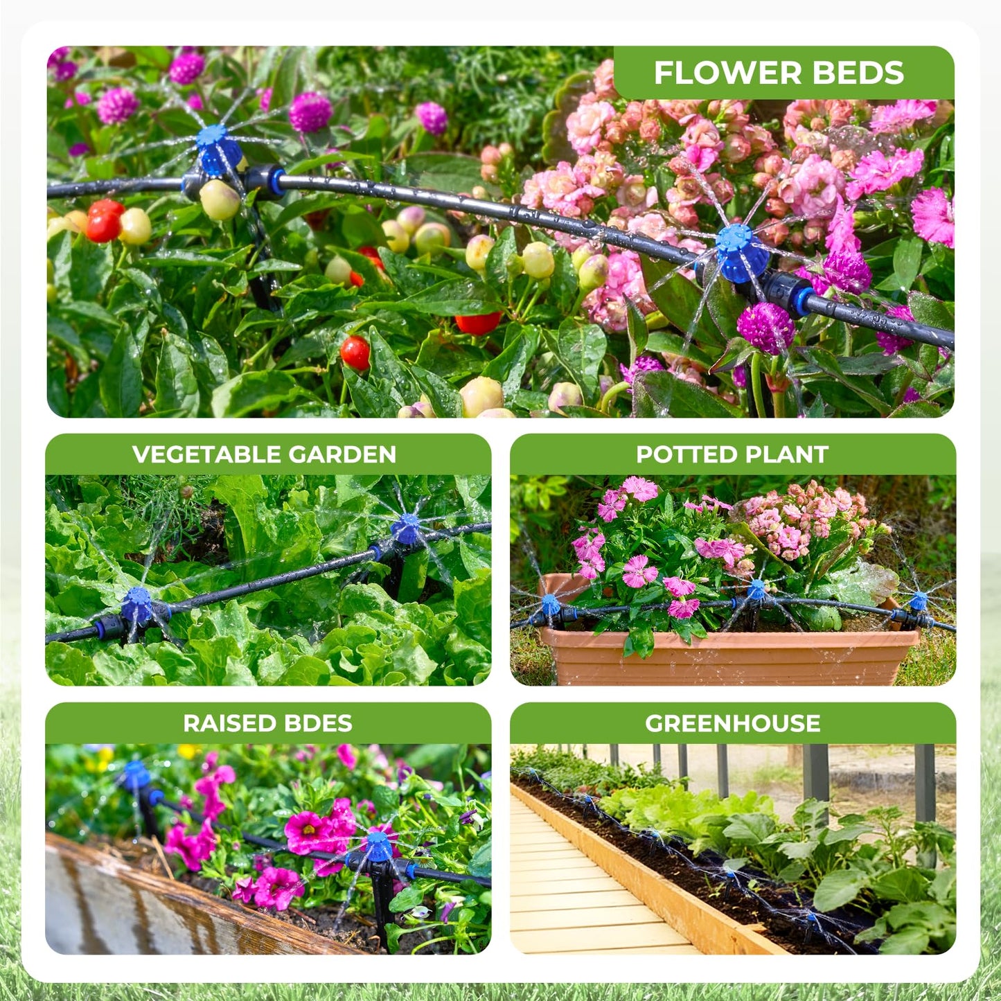 HIRALIY 50FT Garden Drip Irrigation Kit, Automatic Watering System with 5-Way Connector, Quick Connectors, Adjustable Drippers, Raised Bed, Patio