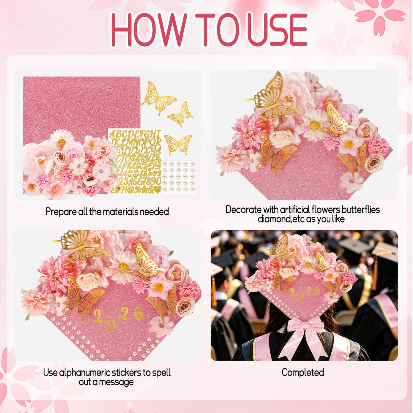 KOILLUXU DIY Graduation Cap Decoration Kit，Faux Flowers, 3D Butterflies, Pearls, Pink Bow, Grad Cap Topper, Letter Sheets & Adhesive Dots for Grad Party