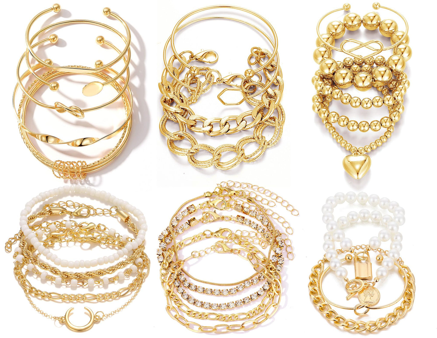 IFKM 6 PACK (28 PCS) Gold Chain Bracelets Set for Women, 14K Gold Plated Multiple Layered Stackable Open Cuff Bangle Bracelet Anklet Adjustable Link Tennis Beads Italian Cuban Jewelry for Women Gift