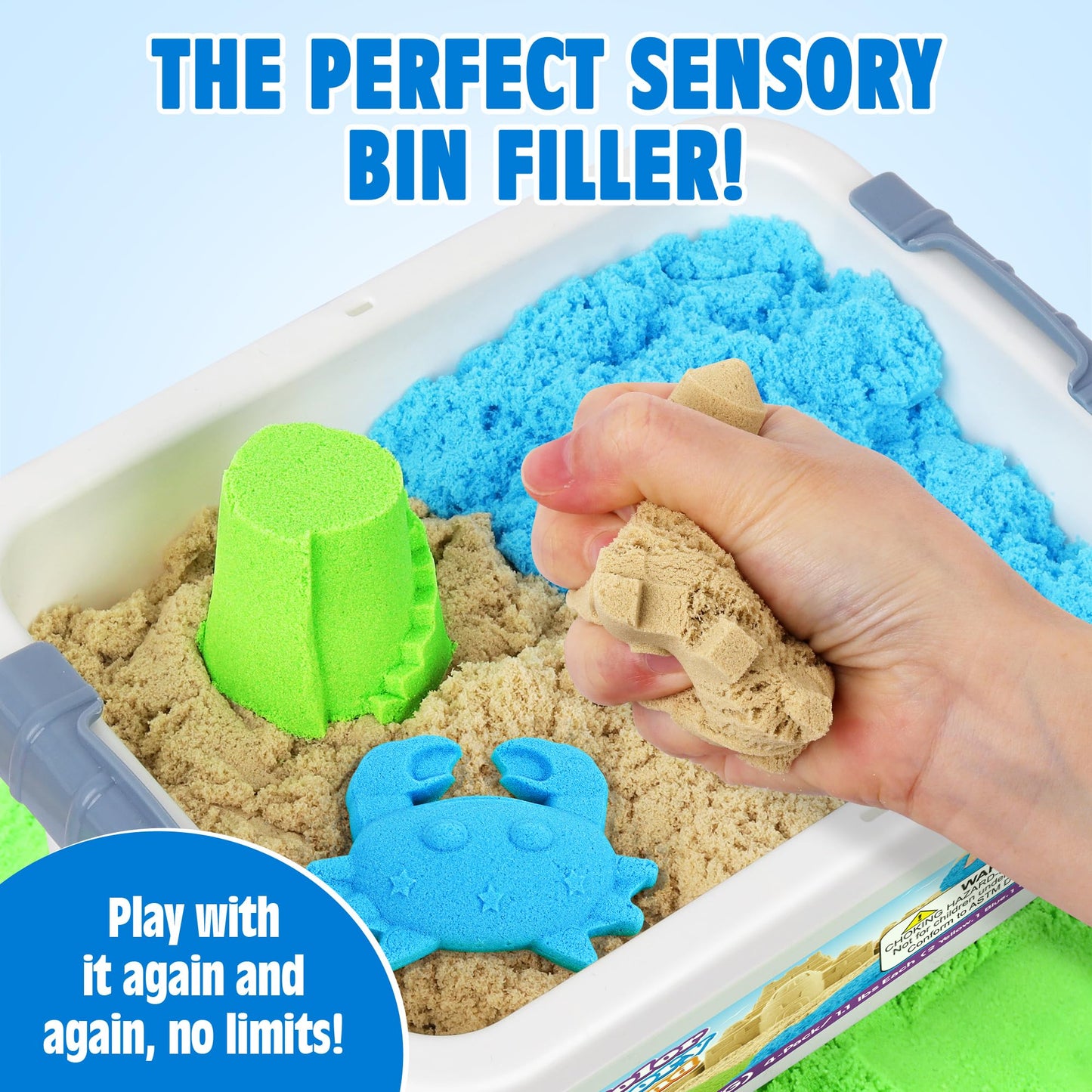 Billeeit 4.4 lbs Play Sand w/Storage Sandbox, 4-Pack(2 Yellow, 1 Blue, 1 Green) Sensory Bin Refill Sand for Shaping, Molding, Pressing, Scooping, Rolling, Self-Sticking Sand Sensory Toy for Kids 3+