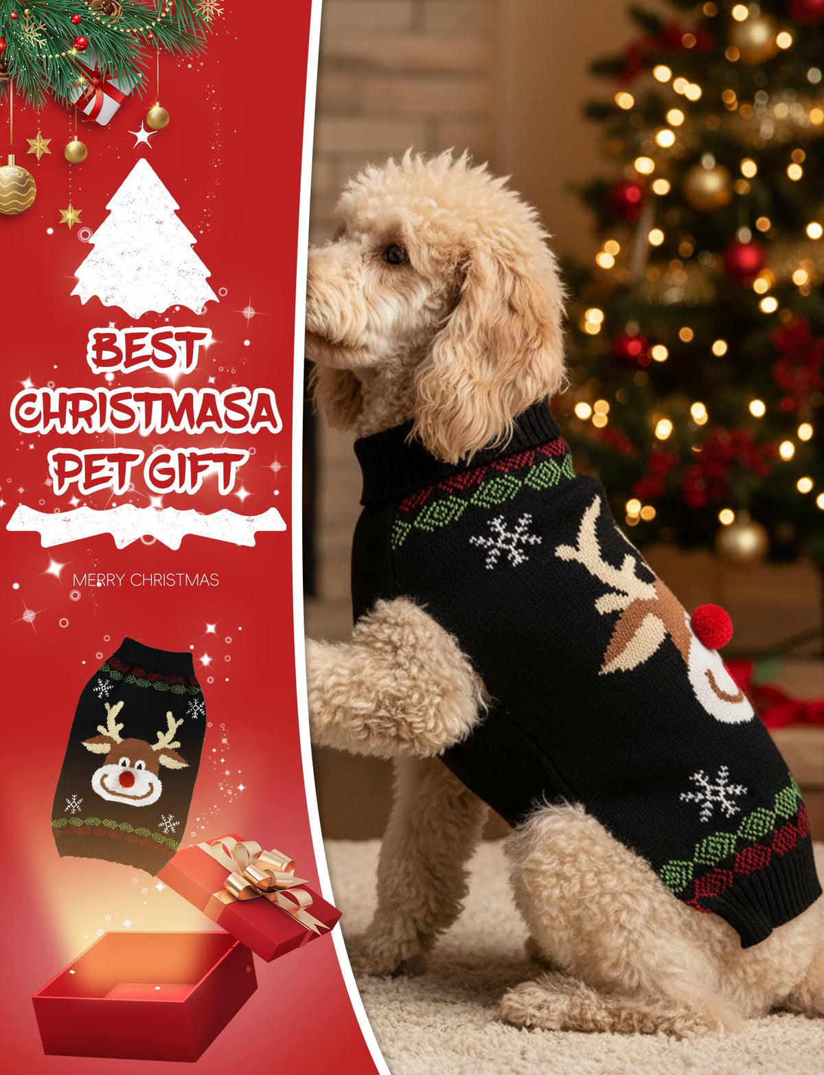 Dog Christmas Sweater, Soft Warm Pet Clothes Coat for Small Medium Large Dogs and Cats Boy Girl, Fall Cozy Holiday Turtleneck Knitting Collar Pullover Pup Outfit Costume for Thanksgiving New Year