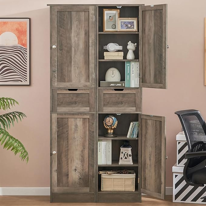 Iwell 67" Tall Storage Cabinet, Narrow Storage Cabinet with Drawer & Adjustable Shelves, Bathroom Cabinet, Floor Cabinet for Living Room, Home Office, Rustic Oak