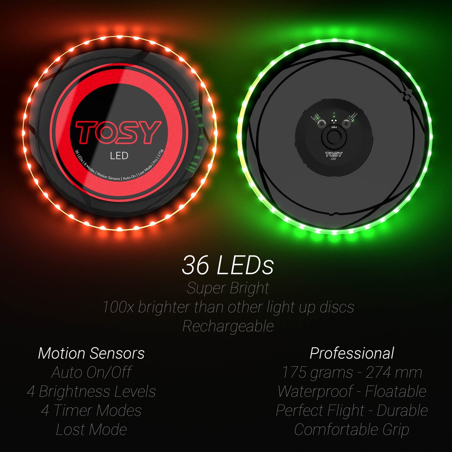 TOSY Bundle of 2 - Flying Disc 108 LEDs - RGB Black + Blue