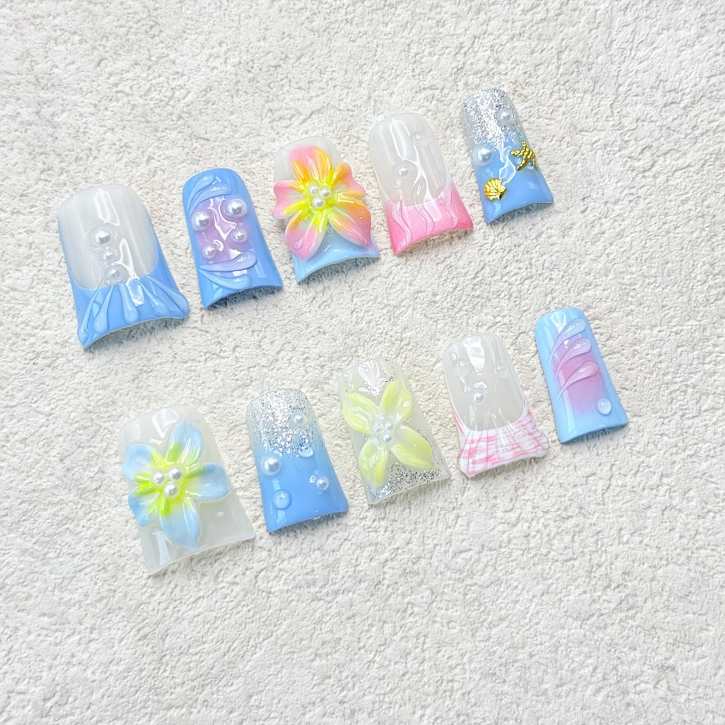 3D Flower Blue Gradient Handmade Press on Nails Shiny White Pearl Design Pink Gradient False Nails with Gold Shell Starfish Artificial Acrylic Full Set Press on Nail for Women Girls 10 Pcs （Size M）