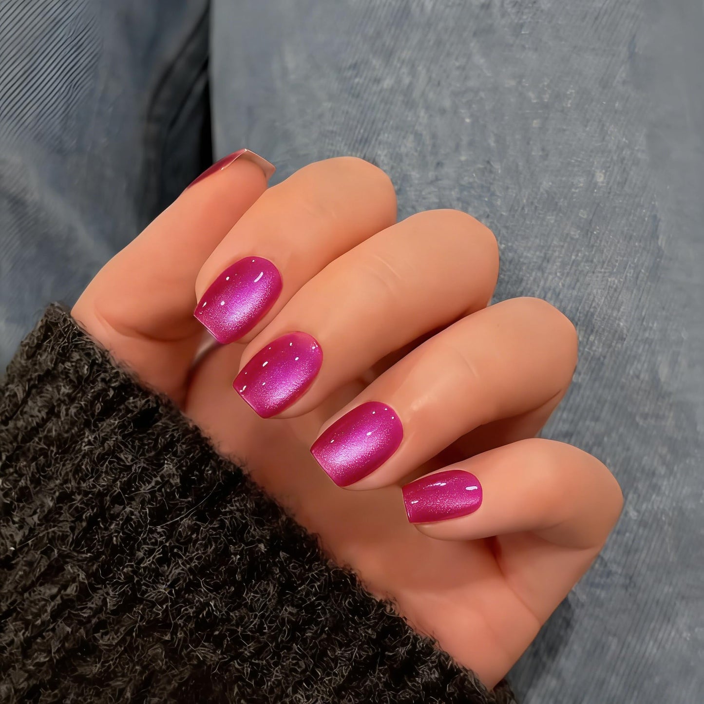 KQueenest Cat Eye Press on Nails Short, 30 Pcs Acrylic Press on Nails Square, Glass Hot Pink Fake Nails Press on Short, Chrome Design, Bright Vibrant Reusable Soft Gel Glue on Nails for Women Gift