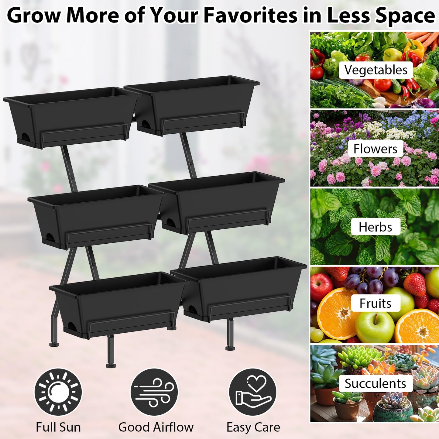 Sunexinlo 3-Tier Vertical Garden Planter with 6 Boxes, 31" Tall Raised Garden Bed with Adjustable Feet for Herbs, Flowers, Vegetables, Ideal for Indoor, Outdoor, Patio, Balcony, Deck Use, Black