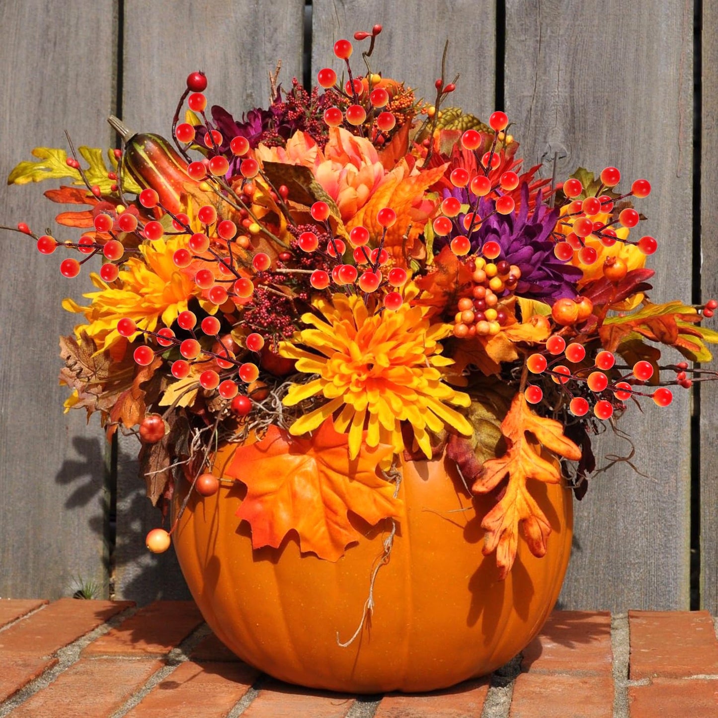 Rowfad 40 Pcs Artificial Berry Stems Branches, Fall Halloween Faux Holly Berries Picks and Sprays Ornaments for Thanksgiving Wreath DIY Craft Decorations Holiday Home Decor (40, Orange)
