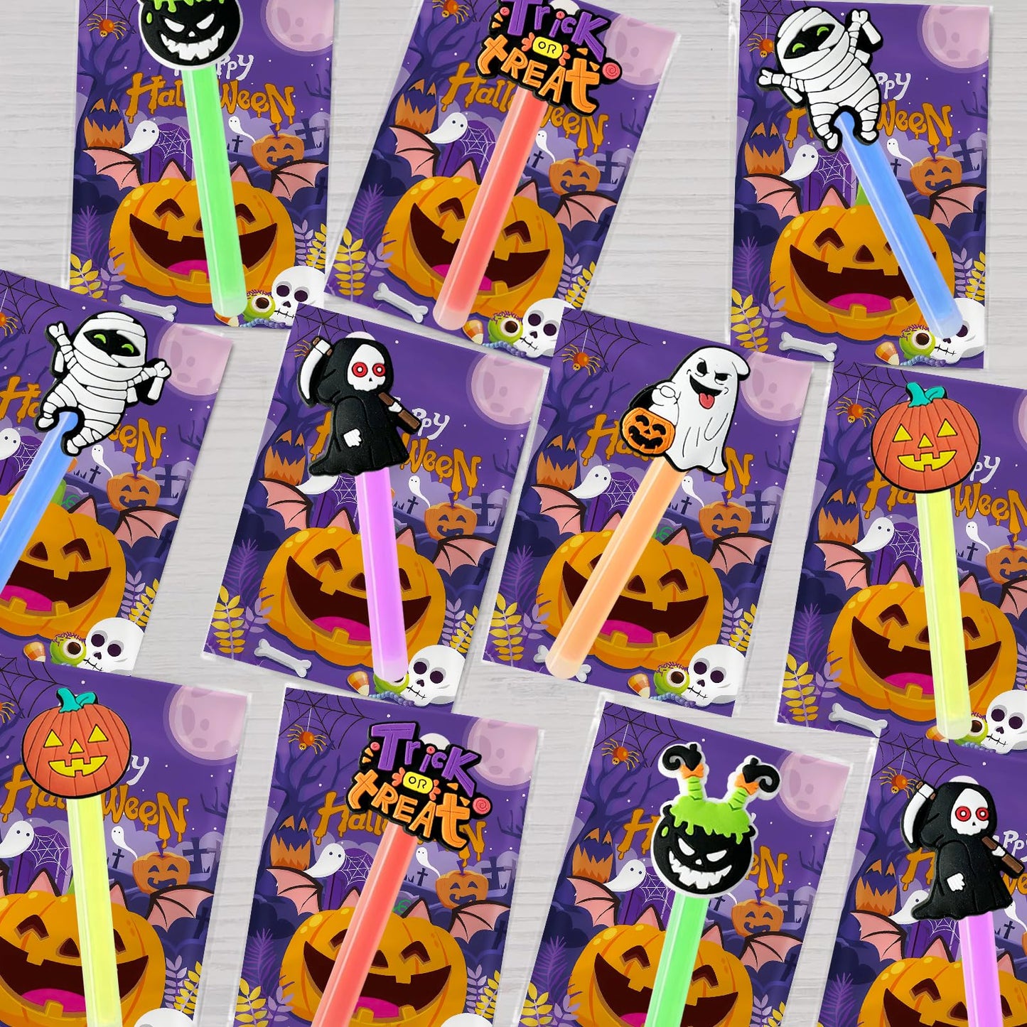 Ertyjikg 24 Pack Halloween Glow Sticks with Cards Halloween Glow Bright Night Gift Pumpkin Ghost Glow Sticks for Hall oween Night Prize Supplies (Multicolor)