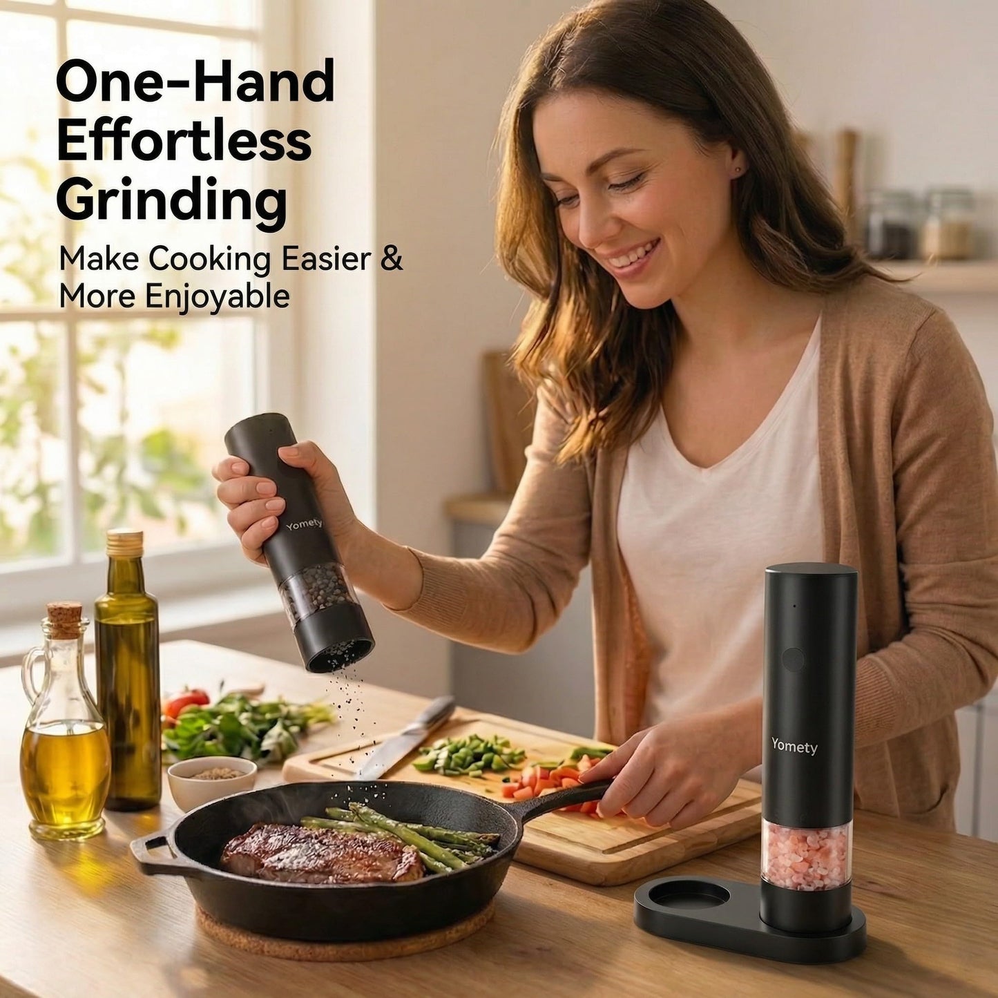 Electric Salt and Pepper Grinder Set-Rechargeable Salt and Pepper Mill Set All in One, Automatic Refillable Adjustable Coarseness Ceramic Grinder, Salt and Pepper Shakers for Kitchen Appliances