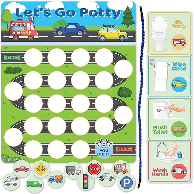 Bright Seed Reusable Magnetic Cars Potty Training Chart, Potty Training for Boys, Potty Training Sticker Chart, Potty Training Rewards for Boys, 12x10 Inches Magnetic Chart with 28 Chips