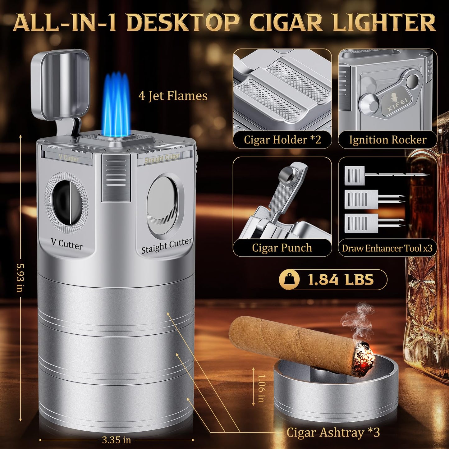 XIFEI 8-in-1 Desktop Cigar Lighter with Straight V-Cut Cutter, 3 Ashtrays, 3 Draw Enhancer Tools, 2 Stands, Cigar Punch, 4 Jet Flame Butane Torch Lighters, Luxury Accessories Gift Set (Silver)