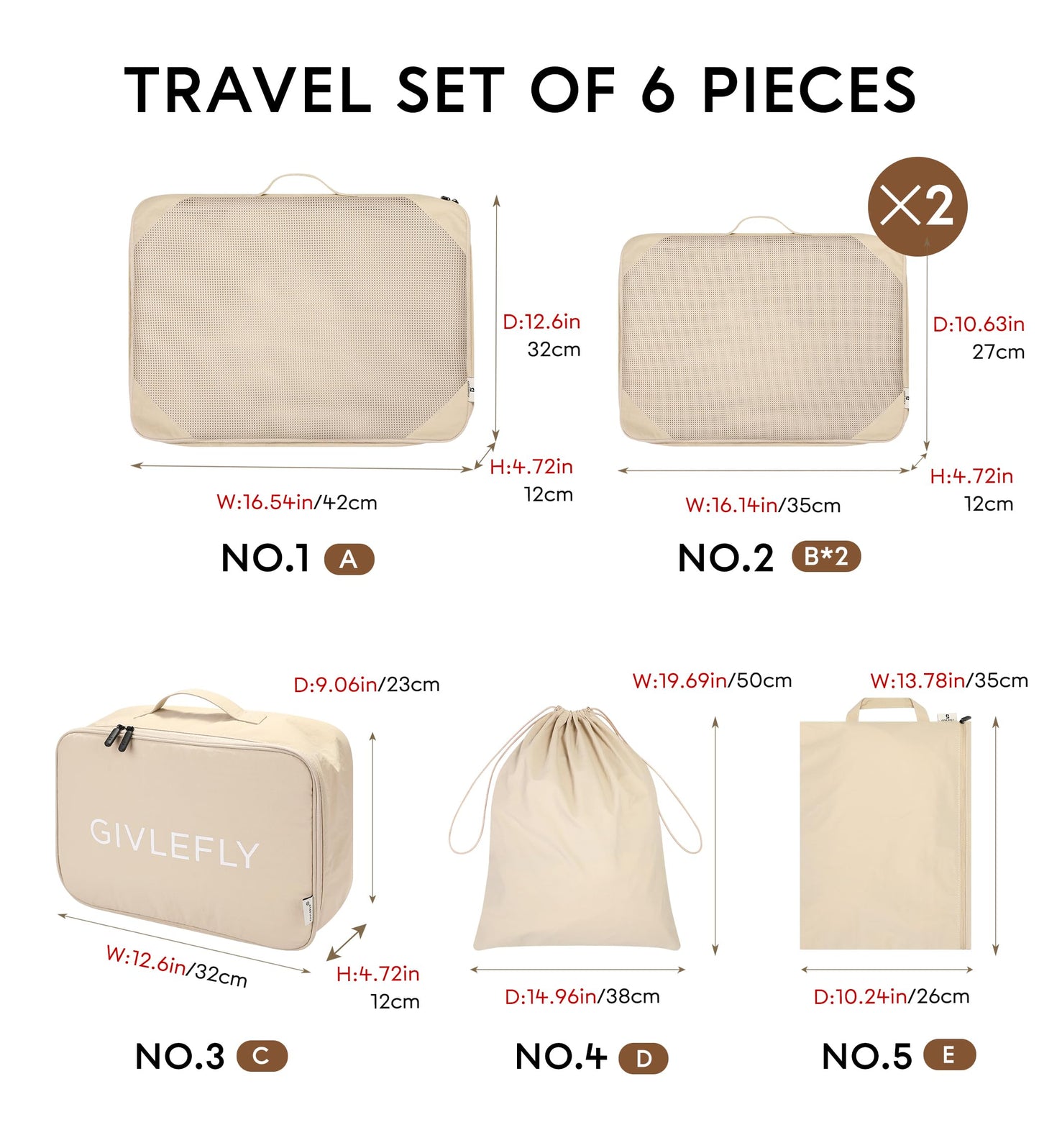 GIVLEFLY 6 Set Compression Packing Cubes for Travel, Lightweight Luggage Organizer Bags, Durable Travel Accessories for Suitcase Organization,Beige