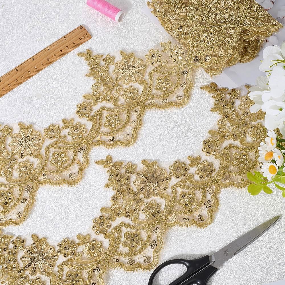 GORGECRAFT 5.7 Inch Width Gold Metallic Venice Lace Trim 2.6 Yards Sequin Flower Embroidery Lace Ribbon Applique Sewing Floral Crown Edge Trimming for DIY Crafts Clothes Wedding Home Decor