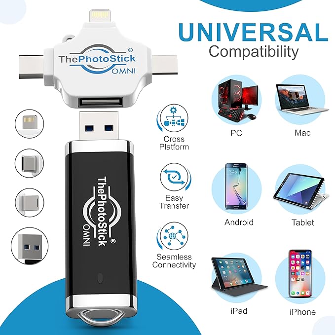 ThePhotoStick® Omni 128GB (2 Pack) - Photo & Video Backup and Transfer | Digital File Organizer | USB & Multiport Connection for Phones, Tablets and Computers | Portable Memory | External Storage