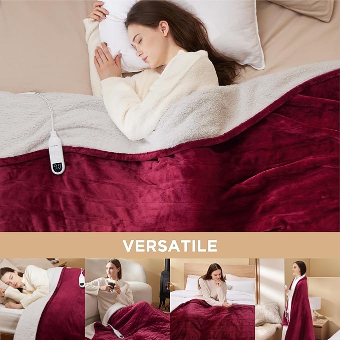 Bedsure Electric Blanket Full Size - Soft Flannel Heated Blanket, Fast Heating with 10 Time Settings & 6 Heat Settings, Warm Gift for Grandma (72x84 inches, Burgundy)