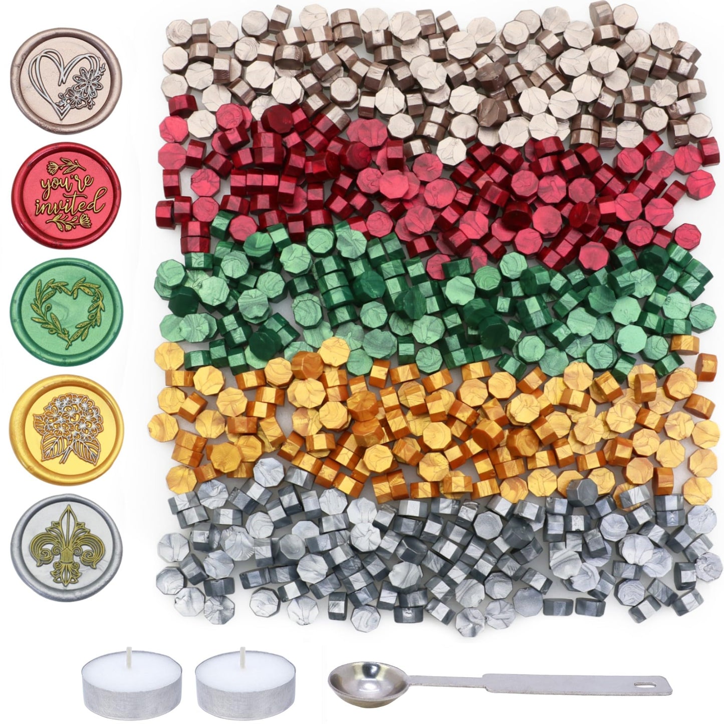SWANGSA 1000 Pcs Christmas Sealing Wax Beads Kit with 2 Tea Candles and 1 Spoon, Great for Christmas Cards, Wedding, Invitations, Envelopes, Gift, Wine Packages