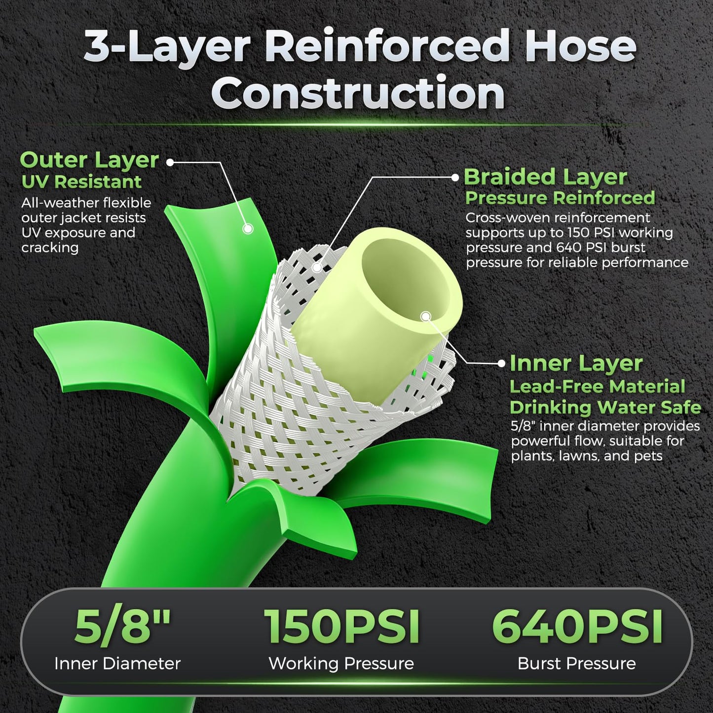 Garden Hose 100 Ft With 8-Pattern Spray Nozzle, 5/8" Lead-Free Flexible Water Hose With 3/4" Anodized Aircraft-Grade Aluminum Interface, Lightweight Kink-Resistant Water Pipe For Lawn, Yard, Outdoor