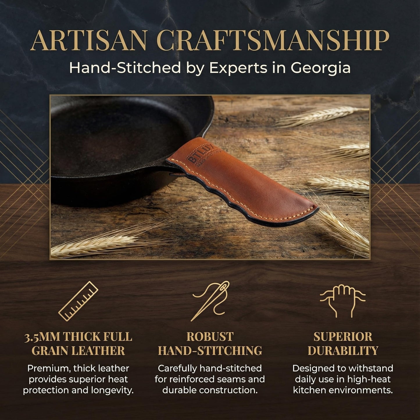 Made in Georgia - Cast Iron Handle Cover- Extra Thick Leather Heat Resistant Handle Holder for Cast Iron Skillets, Pans