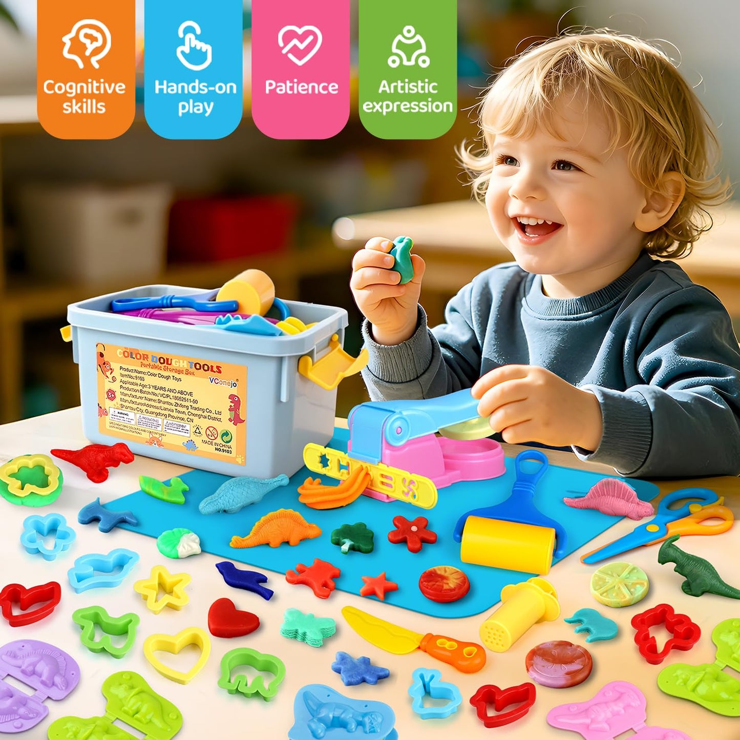 Playdough Tools Sets for Kids, 35Pcs Clay and Dough Tools Accessories Set with Silicone Mat & Storage Box, 3D Dino Molds, Animal Cutters, Dough Extruder, Rolling Pins for Educational Play Activities